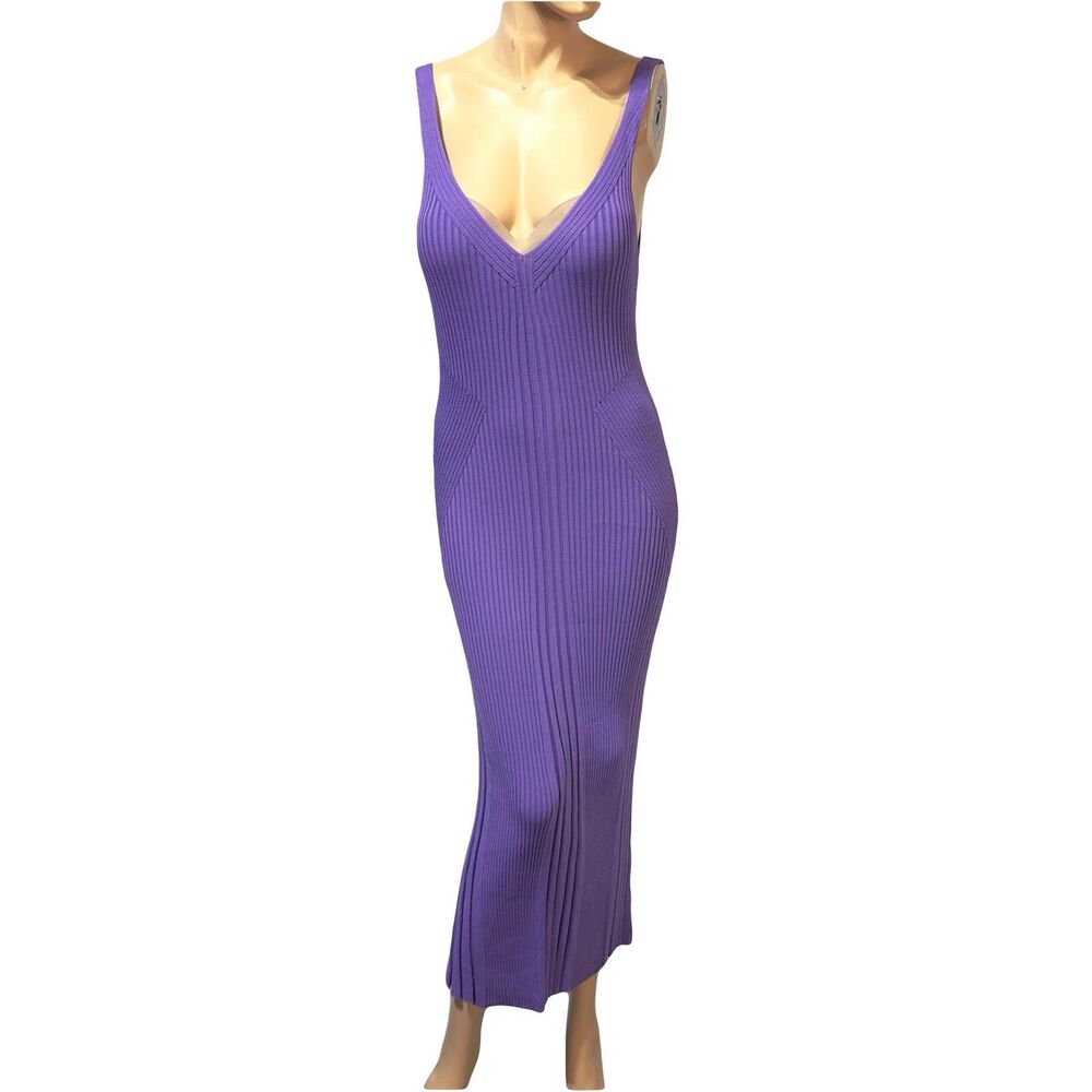 Lilly's Kloset Deep V Neck Midi / Maxi Dress Womens M Medium Ribbed Knit Purple